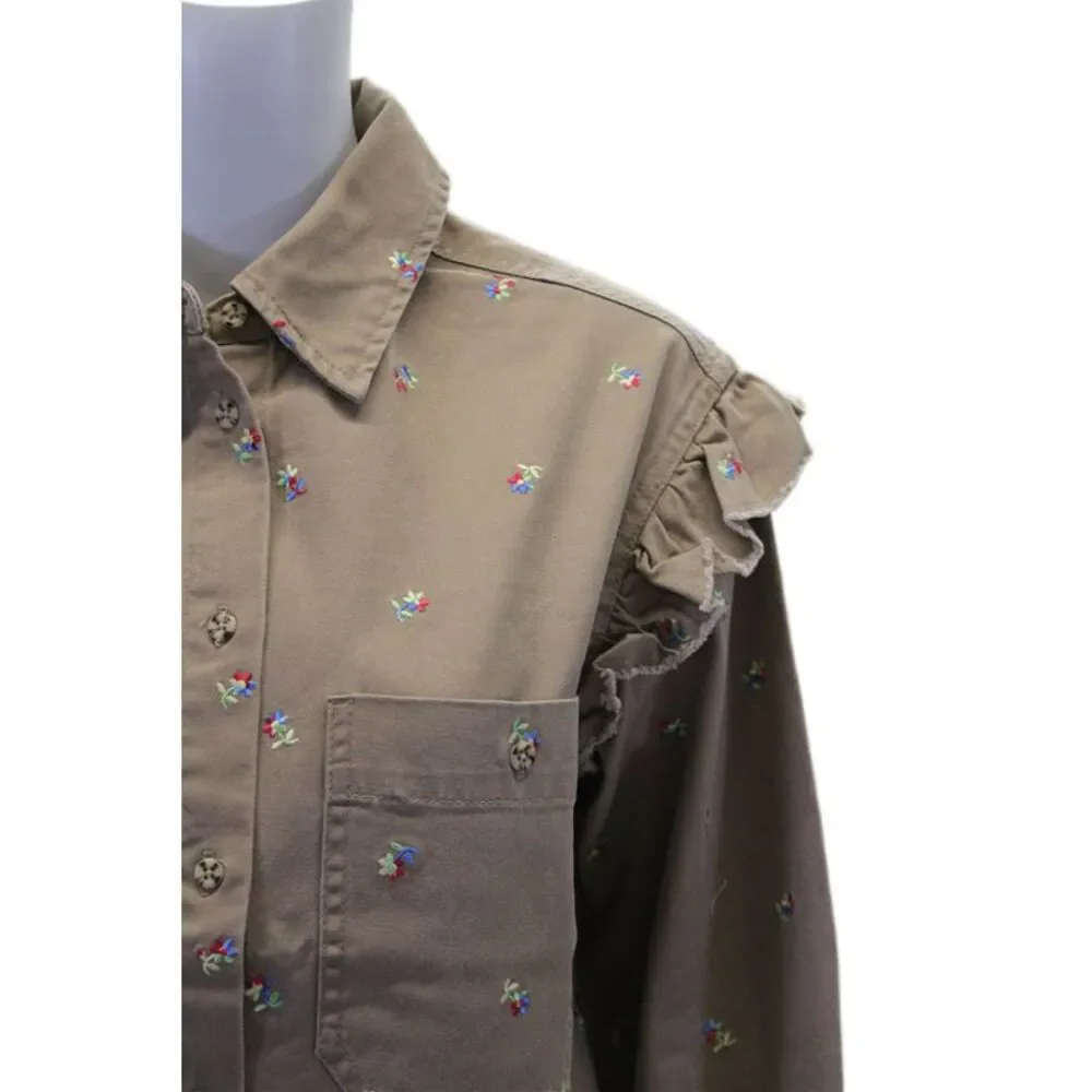 Something Navy Womens Cotton Floral Embroidered Collar Denim Jacket Brown Sz XS